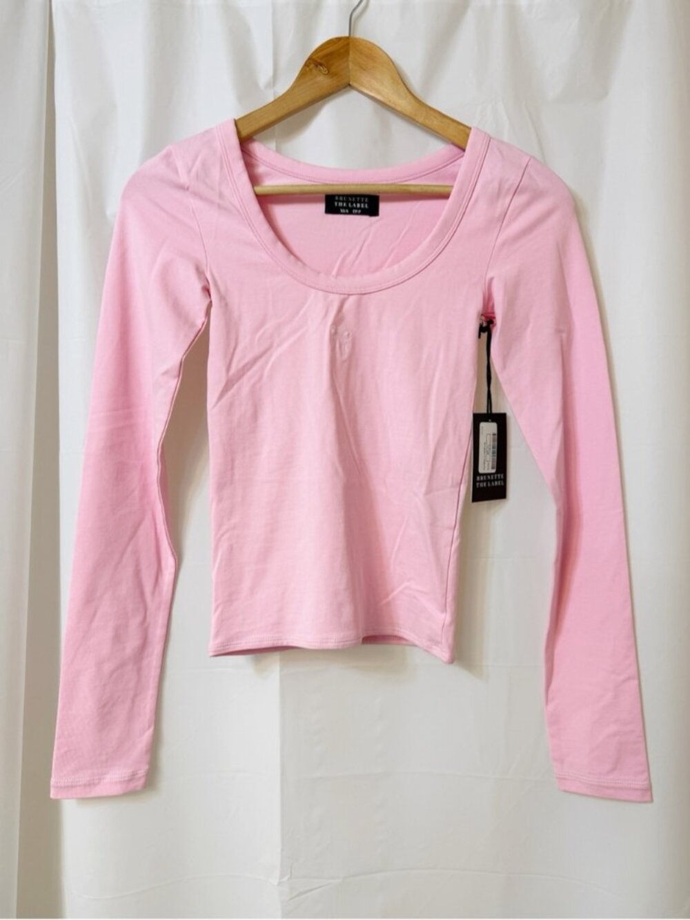 Brunette The Label Bow Long Sleeve Scoop Neck Tee Bubblegum Pink XS/S